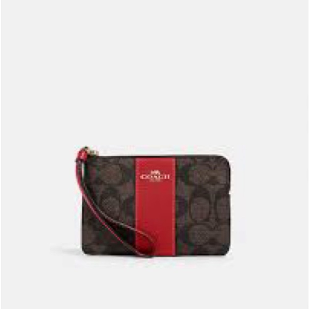 Brown and Red Signature Coach Leather Wristlet